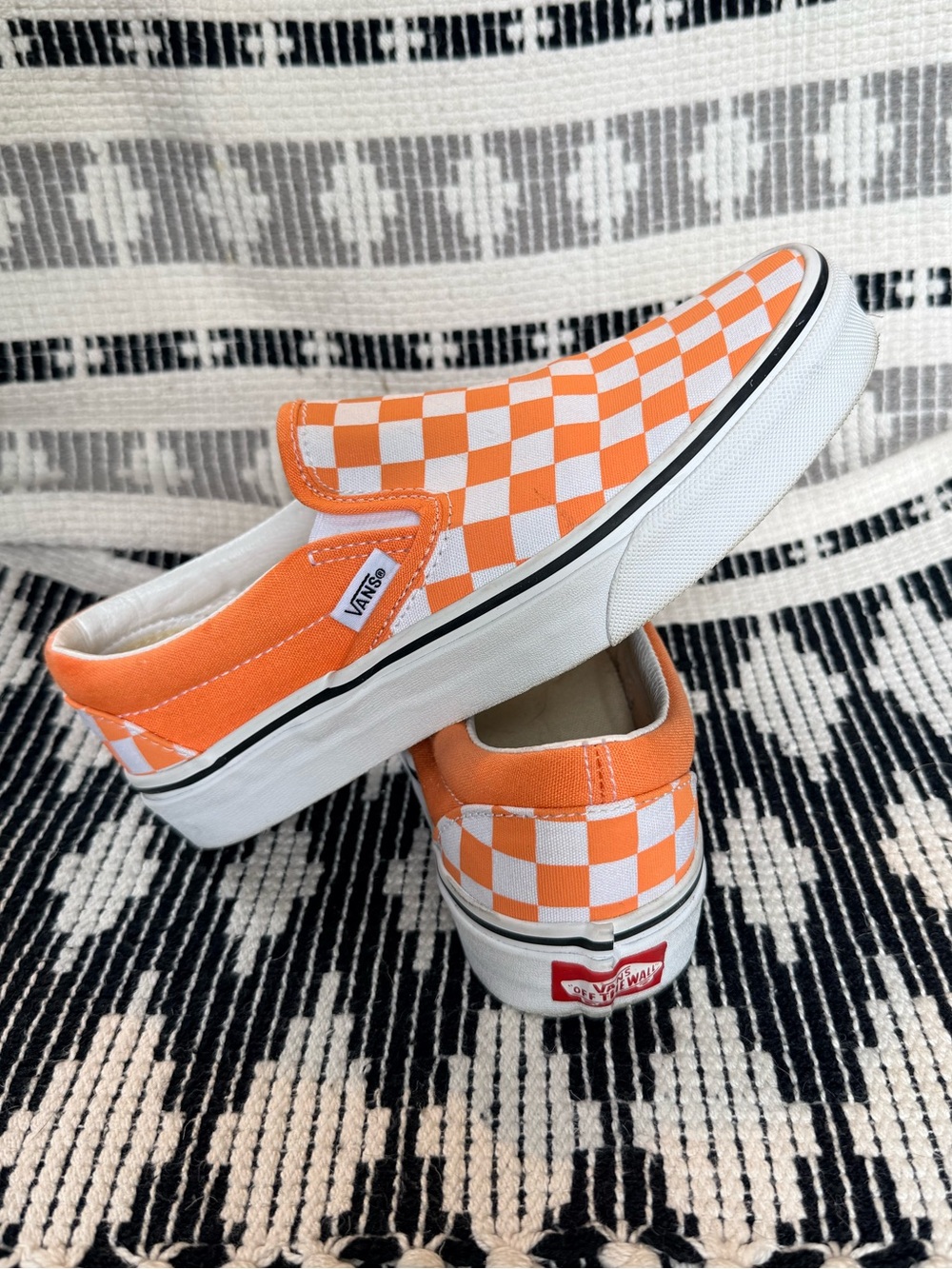 Like New Vans Orange and White Checkerboard Slip-On Sneakers, Women’s size 6.5